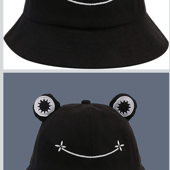 Black Bucket Hat With Frog and Ears - Picture 1 of 4